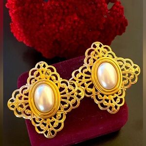 Vintage Gold and Pearl Filigree Cross Earrings